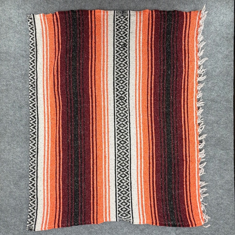 Frank's Textiles Mexican Falsa Blanket Orange Burgundy Woven Fringed 42x65